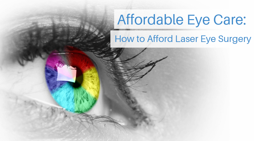 black and white photo of an eye with rainbow colored iris - text overlay "Affordable Eye Care: How to Afford Laser Eye Surgery"