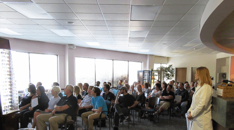 Attendees at a Fichte Endl & Elmer Eyecare open house event