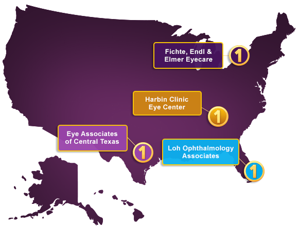 Illustrated map of the United States, showing the pioneering groups introducing Dextenza into their post-operative care routines